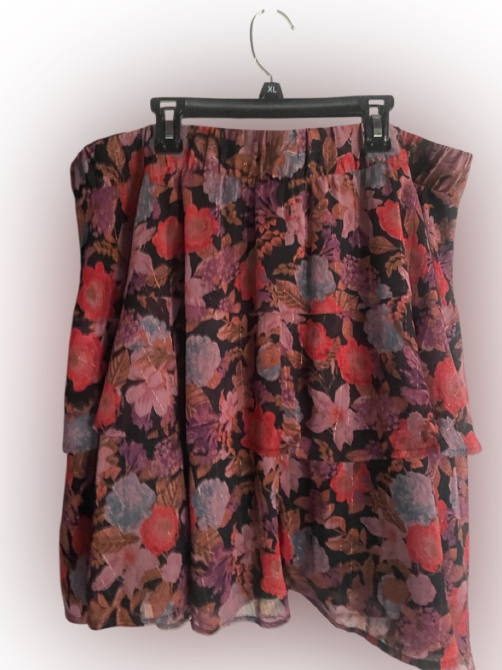 torrid Black tiered Floral Skirt with Pink, Red & Purple Blooms